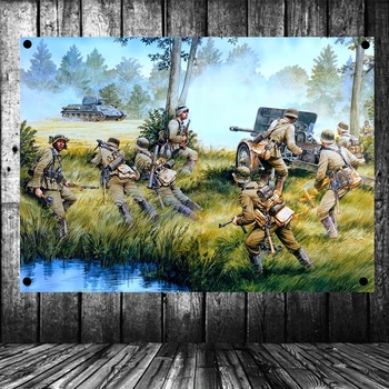 

WW2 GER Wehrmacht Artillery vs Enemies Tank Battle Scene Military Posters Flag Banner Tapestry Mural Vintage Decor Upholstery