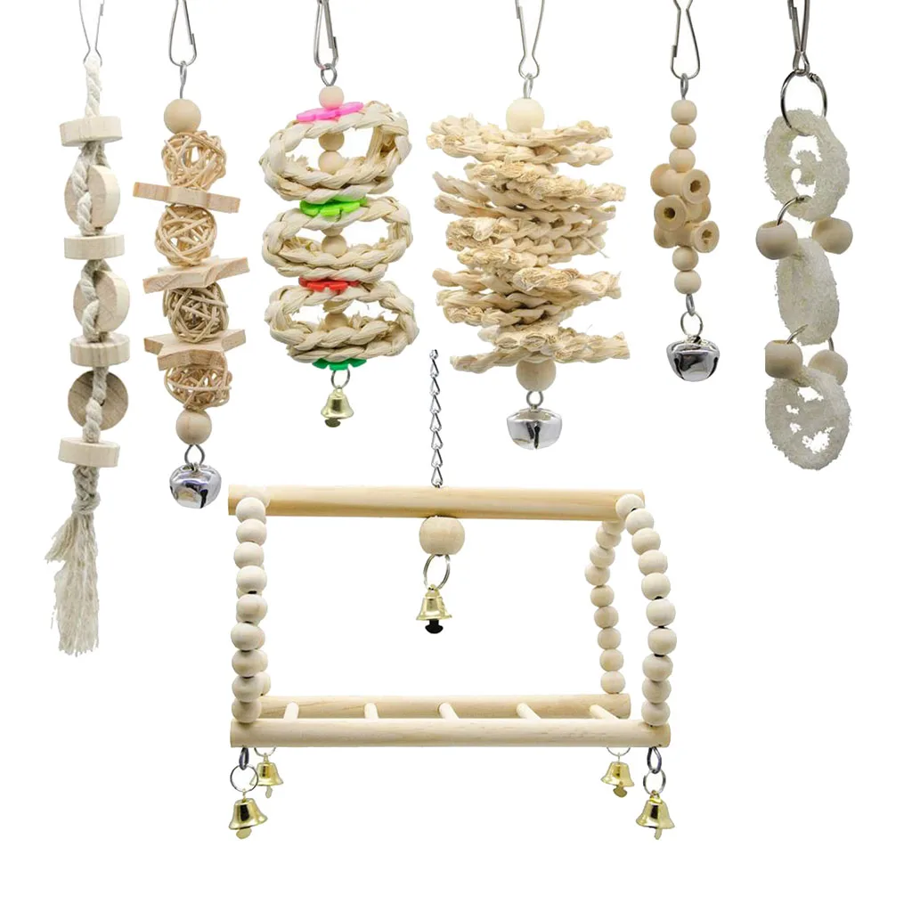 7 Pcs Wooden Bird Chewing Toy, Parrot Cage Foraging Hanging Toys for Cockatiel Conure African Grey