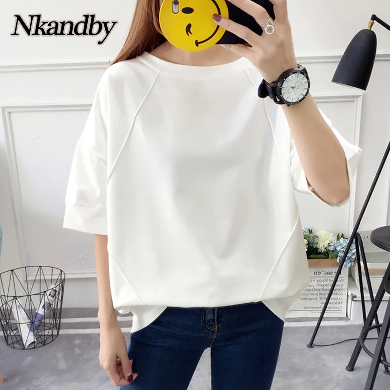 Camiseta de algodón de Color liso para mujer, ropa holgada informal de manga corta, Top básico de gran tamaño con cuello redondo para mujer 2021
