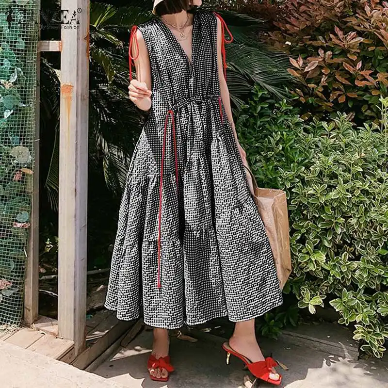 

ZANZEA 2019 Summer Sundress Women Vintage Plaid Sleeveless Ruffles Dress Casual Cotton Linen Drawstring Long Maxi Vestidos Robe