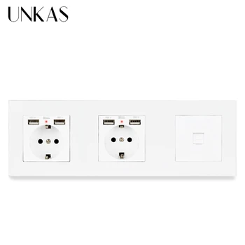 

UNKAS PC Plastic Panel Double EU Standard Wall Socket with 4 USB Charging Port + + RJ45 Internet Computer Connector