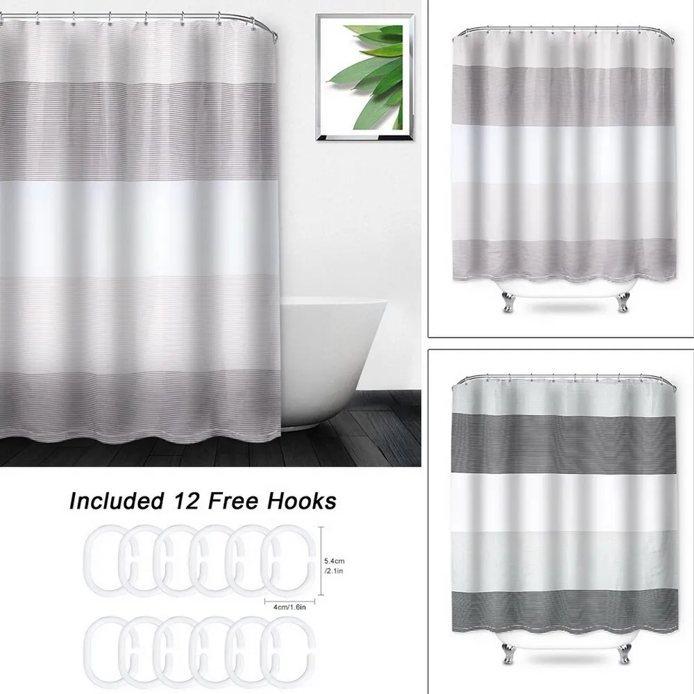Black White Stripe Polyester Waterproof Bathroom Fabric Shower Curtain 12 Hook