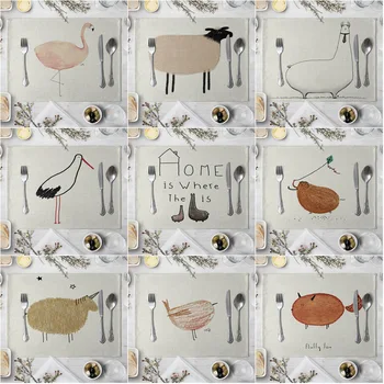 

Cute Animal Pattern Kitchen Placemat Dining Bird Dinosaur Fox Rabbit Table Mats Drink Coasters Western Pad Cotton Linen Cup Mat