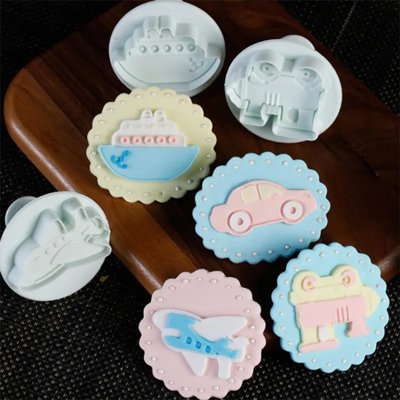 4Pcs/Set Cake Cookie Plunger Cutters Fondant Cake Molds Vehicles Theme (Trucks,Tractor,Forklift) Cake Decorating Baking Tools