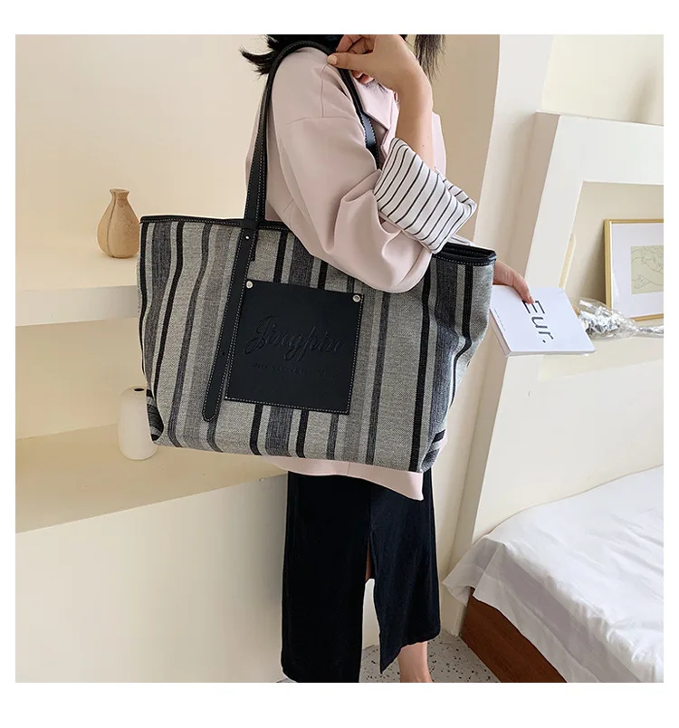 Black White Blue Stripe Handbag 2019 Extra Large Canvas Tote Bags for Women Canvas Bucket Shopper Shoulder Bag Ladies Office Bag (20)