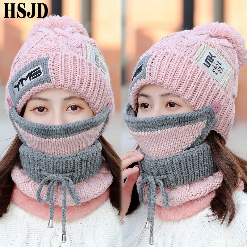 Skullies Beanies, 3 шт., вязаная шапка, новинка, зимние женские головные уборы, теплая маска для лица, шапка с бархатной подкладкой, женский шарф, набор, шапка для снежной погоды