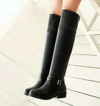 

Autumn Ladies Round Toes Over Knee High Boots Buckle Strap Casual Boots New
