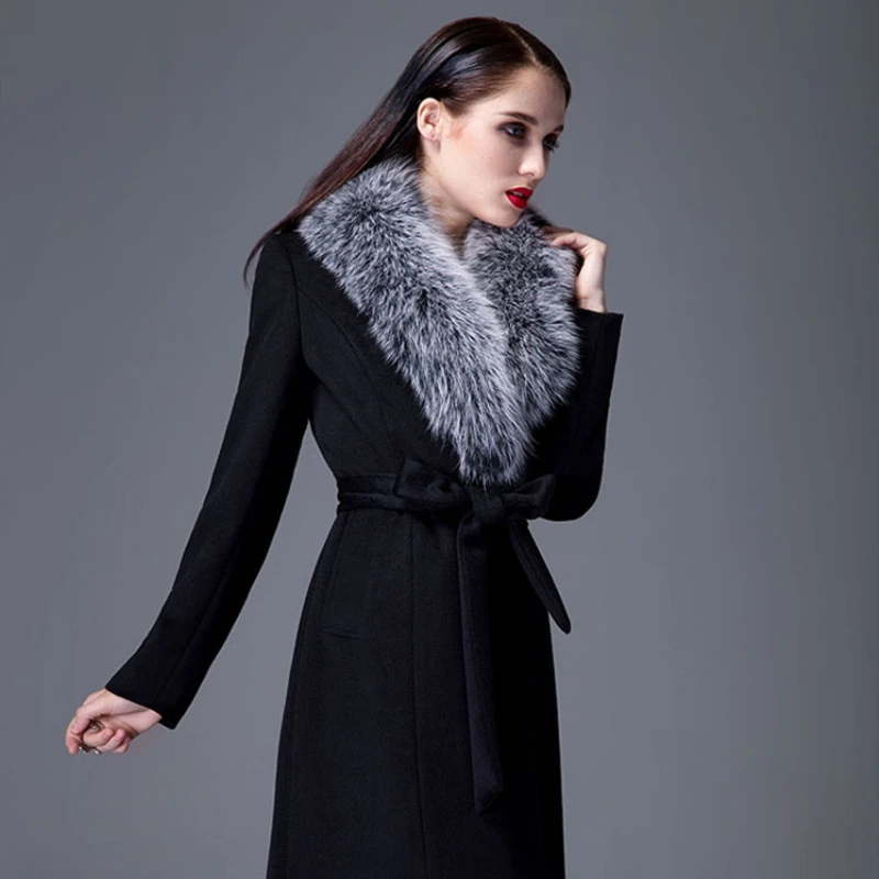 Натуральным лисьим мехом меховой воротник кашемировое пальто на зиму толстые Для женщин Элегантная облегающая юбка большого Размеры пальто шерсть высокого качества, пальто из смесовой ткани D190825