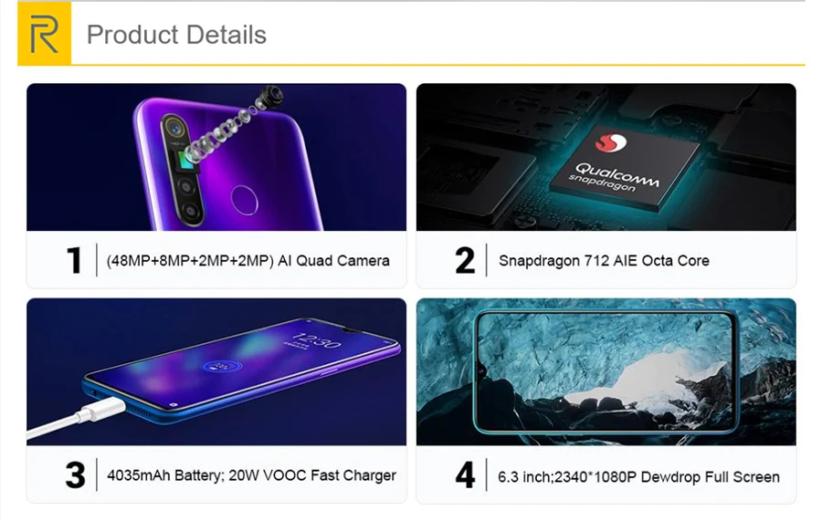 CN версия OPPO REALME Q 6,3 ''Dewdrop 6 ГБ 64 Гб Восьмиядерный процессор Snapdragon 712AIE 48MP четырехъядерный камера VOOC 20 Вт быстрое зарядное устройство мобильный телефон