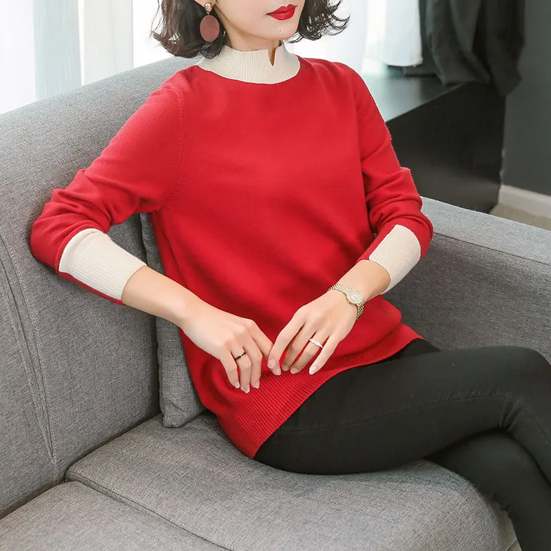 Minimalist Women Autumn Pullover Sweaters Red Yellow Caramel Colour Block Basic Knitwear Crew Neck Textured Knit Tops Winter