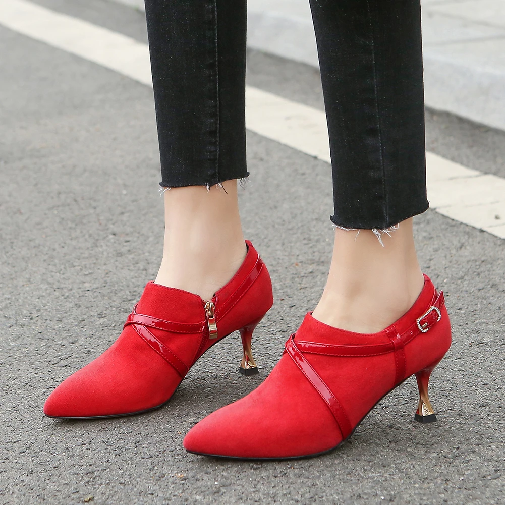 

Sarairis New Arrivals 2020 Kid Suede Strange Style Office Pumps Woman Shoes Pointed Toe Zip Up Black Red Shoes Women Pumps