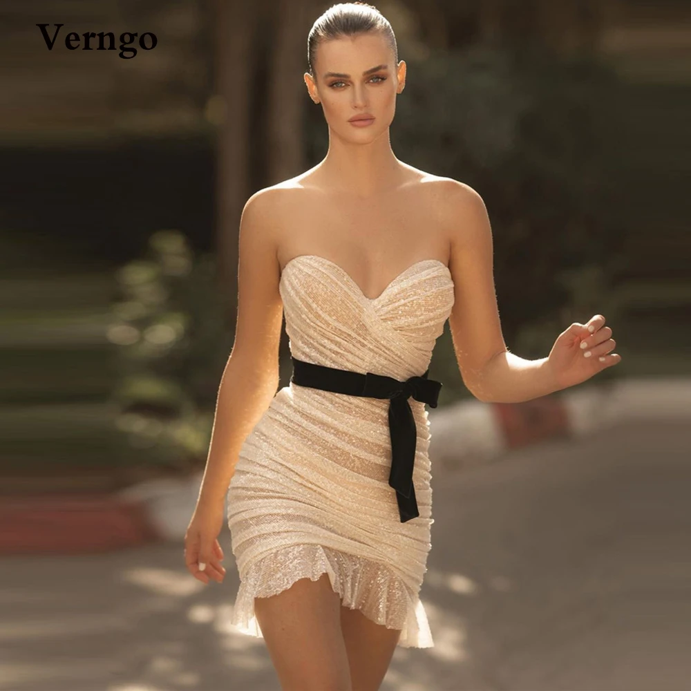 

Verngo New Fashion Glitter Beige Short Cocktail Dresses 2022 Sweetheart Pleats Sweetheart Velvet Sash Mini Prom Party Dress
