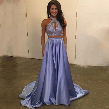 

Halter A-line Prom Dresses 2020 Sexy Two Pieces Custom Sleeveless Special Occasion Dresses Evening Party Gowns