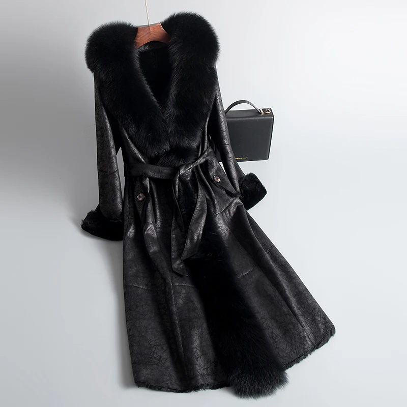 Black Rabbit Женское пальто из натурального меха, винтажная куртка из натурального кроличьего меха, воротник из лисьего меха, зимнее пальто, женская одежда, Двустороннее пальто Hiver 1822 - Цвет: Black Rabbit