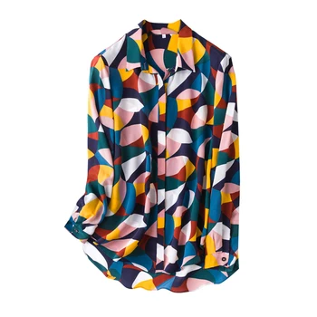 

100% natural silk Blouses Long Sleeve Real Silk Geometric print Blouse Tops for women Office Wear Shirts work Silk Blouses