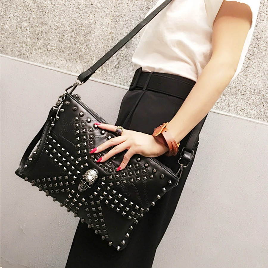Fashion Skull Women Messenger Bag Rivet Envelope Mini Clutch Cross Small Handbag shopping Mini Black Beach Bag