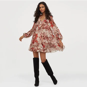 

Women's New Dress 2020 ZA Fashion V-neck Long Sleeve Puff Sleeve Print Dress Ladies Elegant Chic Print Mini Dress Hot Sale