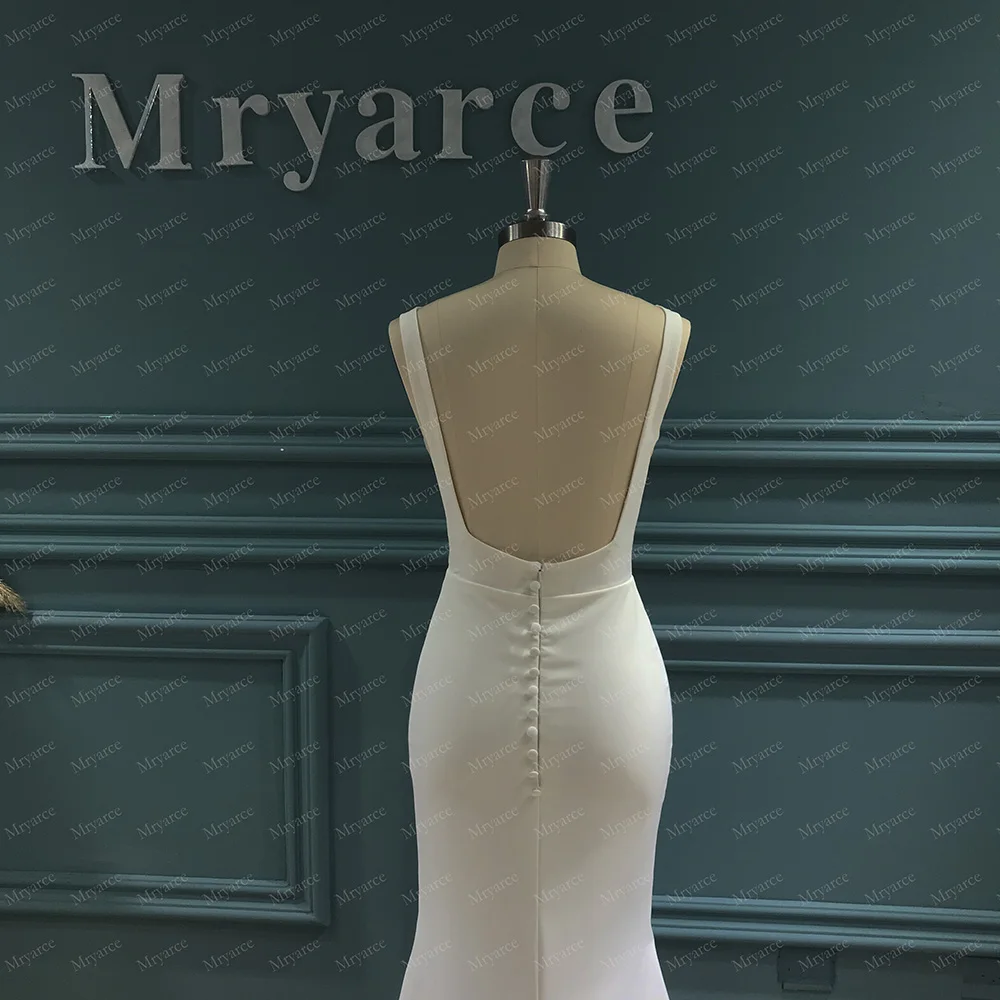 Mryarce Simple Stretch Matte Classic Satin Bateau Crepe Mermaid Wedding Dress  Open Back Bridal Gowns 6