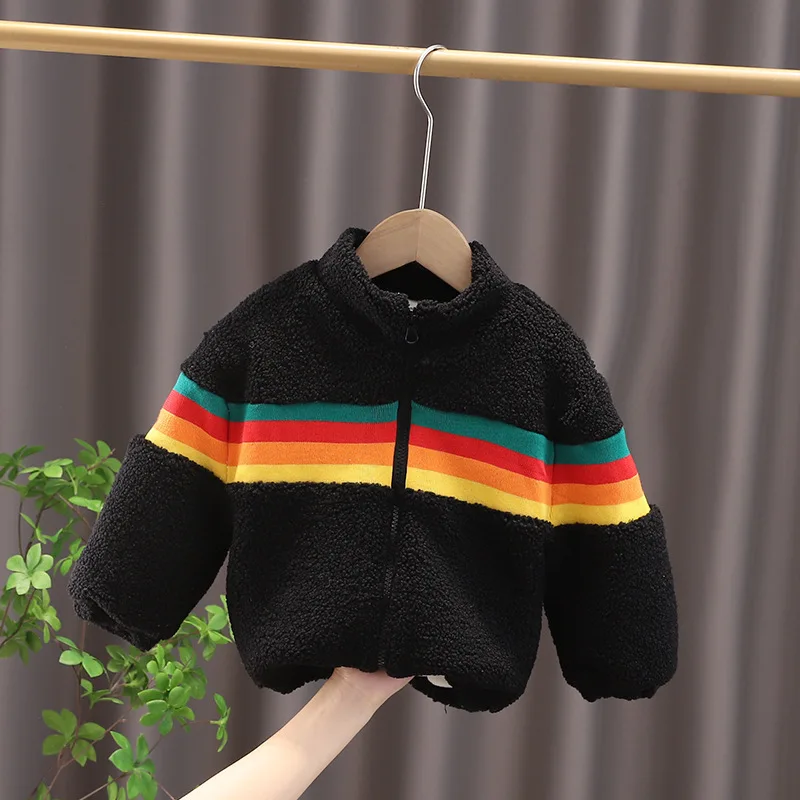 

Autumn Winter Fashion Stripes Fleece Full Sleeve Jacket Boys Girls Polar Fleese Kids Cardigan Sweatshirt Lamb velvet zip-up Coat