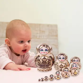

10pcs/Set Wooden Russian Matryoshka Doll Castle Pattern Nesting Dolls Gift