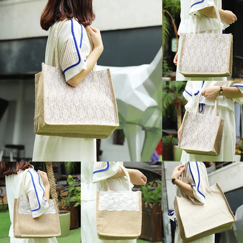 

New Fashion Large Capacity Bags For WomenCanvas Jute Tote Reusable Large Lace Grocery Shopping Bag Shoulder Bag Bolsas H66