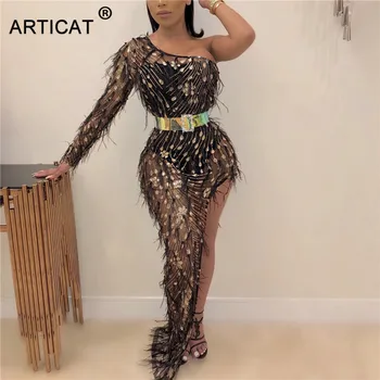 

Articat Sexy Glitter Diamond Lace See Through Dress Women One Should Off Irregular Dress Female Club Party Wear Two Pieces Suits