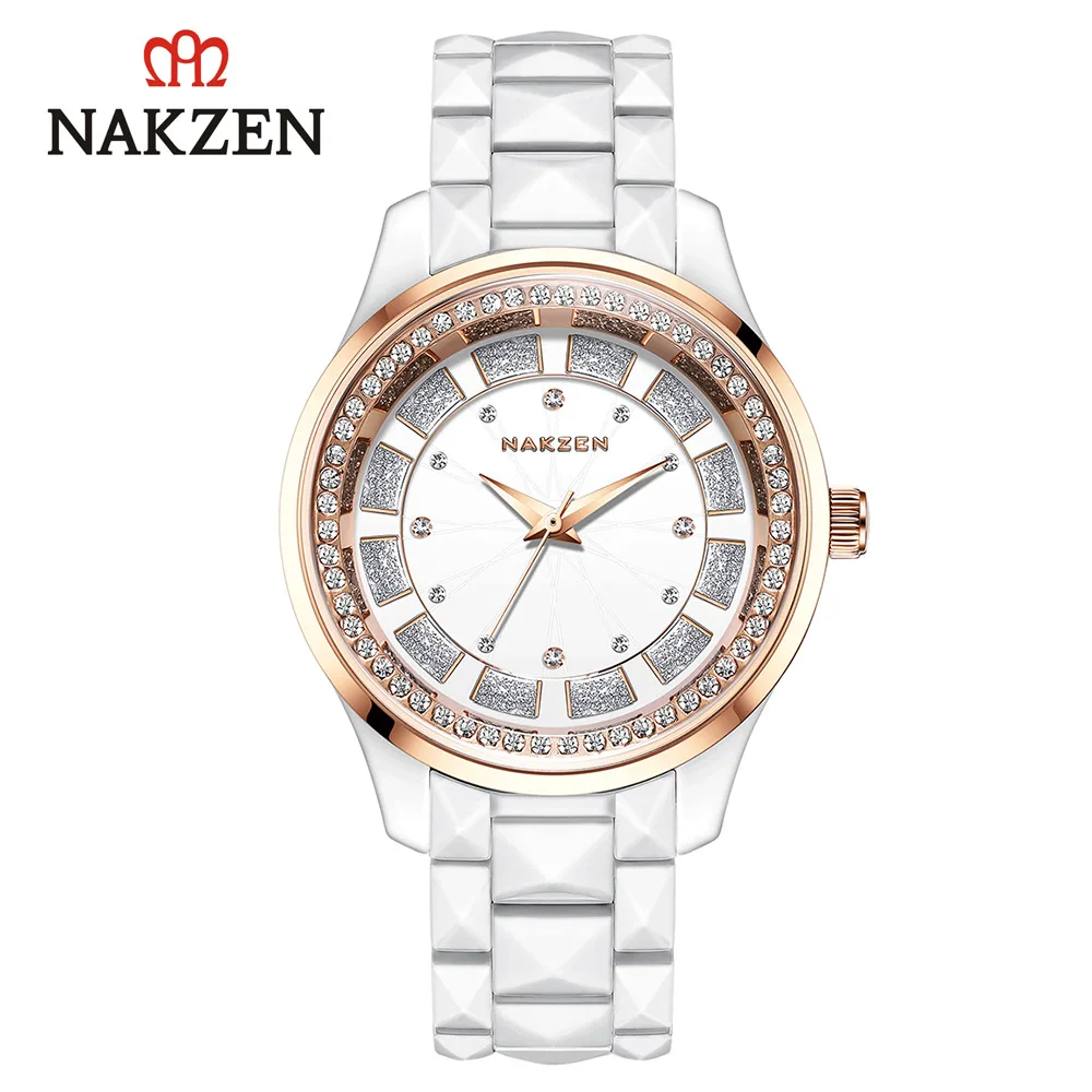 Оригинальные японские часы Nakzen, женские керамические кварцевые часы, высокое качество, бизнес часы, кубическая циркониевая инкрустация SS1025
