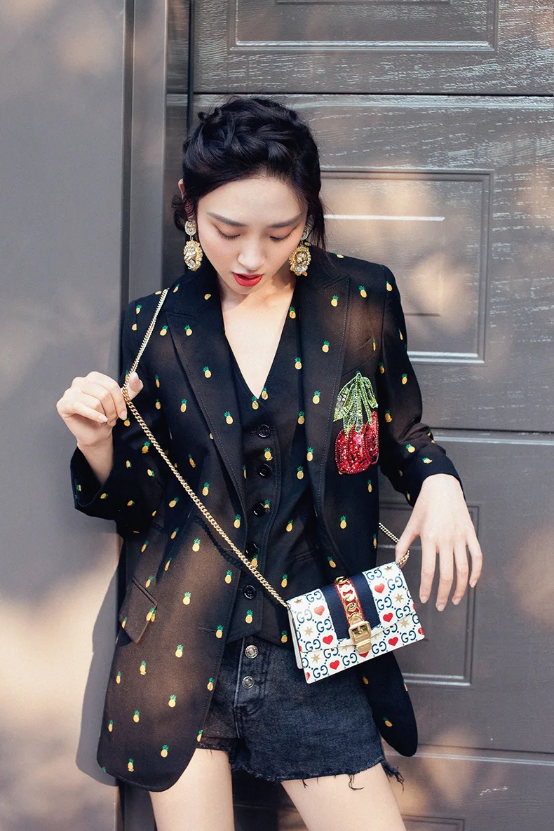 Tang Yixin Star Celebrity Style Black And White with Pattern French Small Suit Coat Women's British-Style Elegant One-Piece Suit