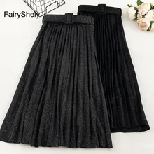 FairyShely,, шерстяная плиссированная длинная юбка для женщин, Осень-зима, эластичная лента, высокая талия, Теплая юбка, черная, макси, офисная юбка