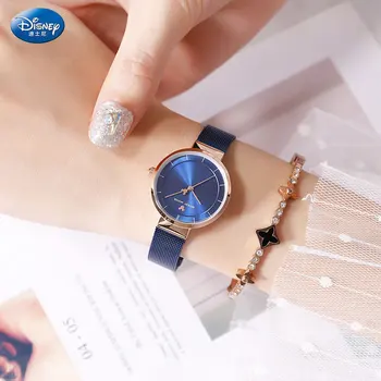 

DISNEY TOP Brand Women Watches Simple Mickey Mouse Quartz Watch blue purple Wristwatches Mesh Band Female Clock Relogio Feminino