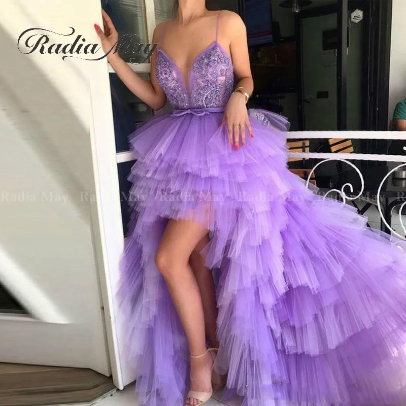 

Lavender Tulle Hi-Lo Prom Dresses 2019 Sexy Spaghetti Straps Lace Appliques Prom Party Gowns V Neck Beaded Ladies Evening Dress
