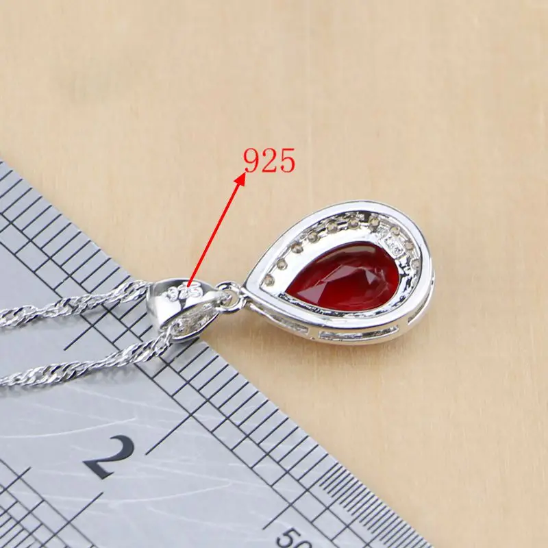 Silver Jewelry Set Jewelry Set Silver Jewelry Water Drop 925 Jewelry Red Ruby White Topaz Women Long Earrings/Pendant/Necklace/Rings/Bracelet