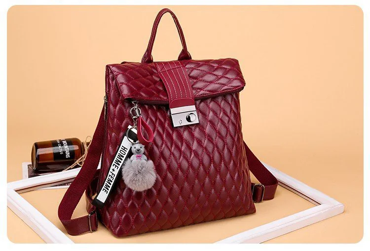2019 Brand Designer Women's Quilted Leather Backpack Purse Ladies Fashion Leisure Rucksacks Anti Theft Backpacks with Lock Black (2)