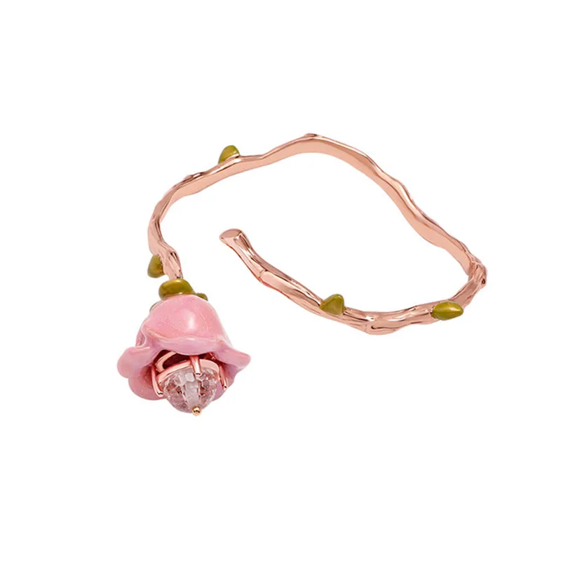 

French Style Hot Exaggeration Geometry Irregular Open Bangle Enamel Pink Flower Charm Bracelet for Women Jewelry Gifts Armband