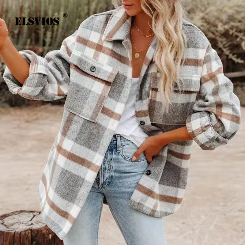 

Casual Pocket Long Sleeve Cardigan Women 2021 Autumn Loose Plaid Shirt Coat Elegant Lady Lapel Single Button Long Jacket Outwear
