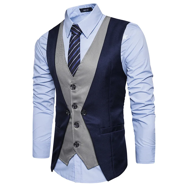Men's Personality Stitching Fake Two Single-breasted Recreational Waistcoats with V-neck Mens Vest Fancy Vest Suit Vestdouble Men's Personality Stitching Fake Two Single-breasted Recreational Waistcoats with V-neck Mens Vest Fancy Vest Suit Vestdouble