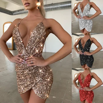 

2019 Deep V Neck Autumn Silver Sequined Backless Sexy Dress Women Off Shoulder Mini Dress Party Club Strap Dresses Vestido
