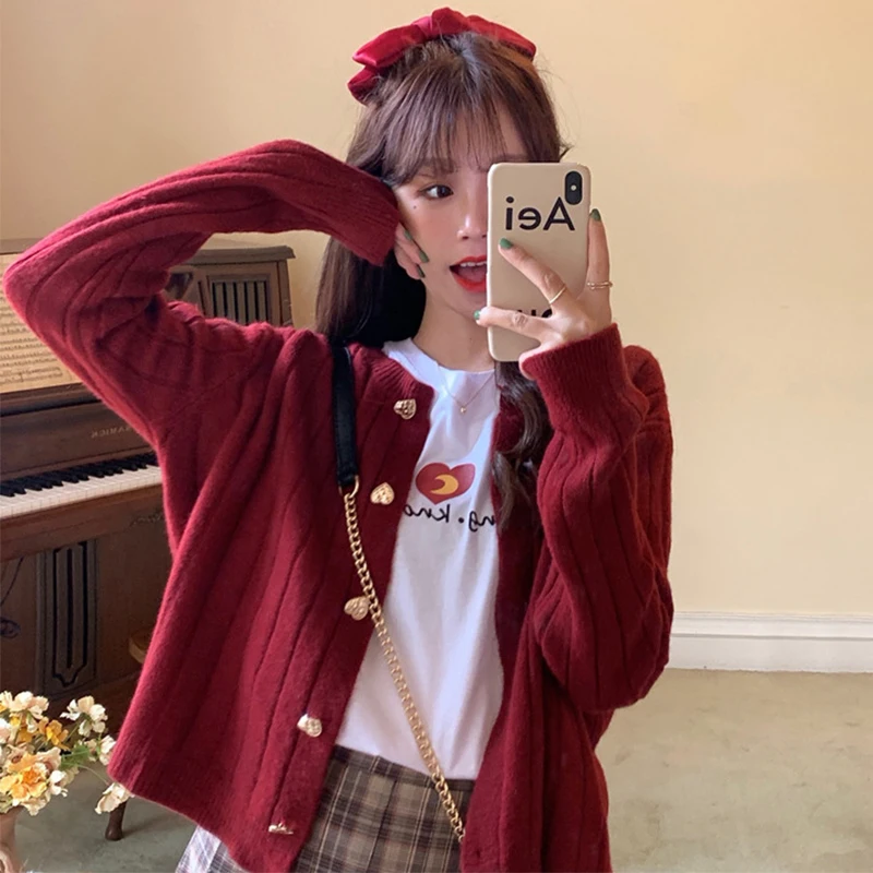 Kawaii mujer Jersey cárdigan de punto de invierno de 2020 de moda coreana lindo corazón botones manga larga Burdeos rojo blanco suéter Tops