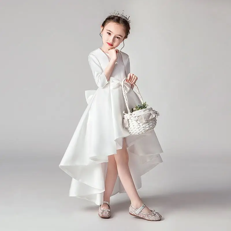 

2019 Children Girls Mesh Short Trailing Bow Dresses Kids Girl Evening Birthday Wedding Party Vestido Ball Gown Dress Costume F52