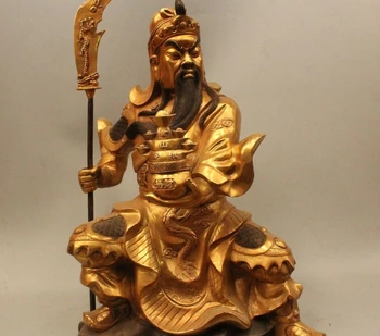 

22" China Folk Bronze Seat General Guan Gong Yu Warrior God Treasure Bowl Statue