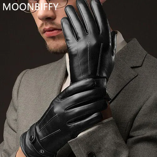 MOONBIFFY мужские кожаные зимние Мотоциклетные Перчатки из искусственной кожи черные рукавицы с пуговицами роскошные мужские перчатки из искусственной кожи для вождения