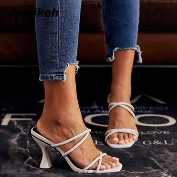 

Aneikeh NEW PU Gladiator Slippers Shoes Woman Heeled Square head Flip Flops Peep Toe Slip-on Thin High Heels Fashion Party Pumps