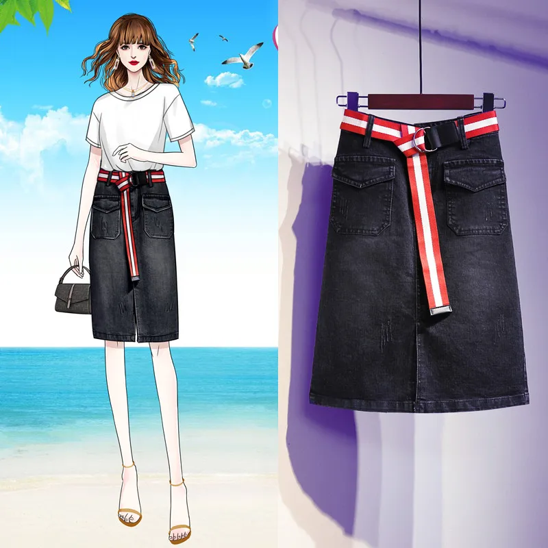 3D Вышивка размера плюс 5XL джинсовая юбка женская мода отверстие бисером с поясом Юбка Аппликации Цветок посылка бедра джинсовая юбка - Цвет: red belt black