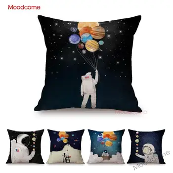 

Children Astronaut Dream Cartoon Solar System Boy Son Gift Pillow Cover Home Decoration Planets Balloon Art Linen Cushion Cover