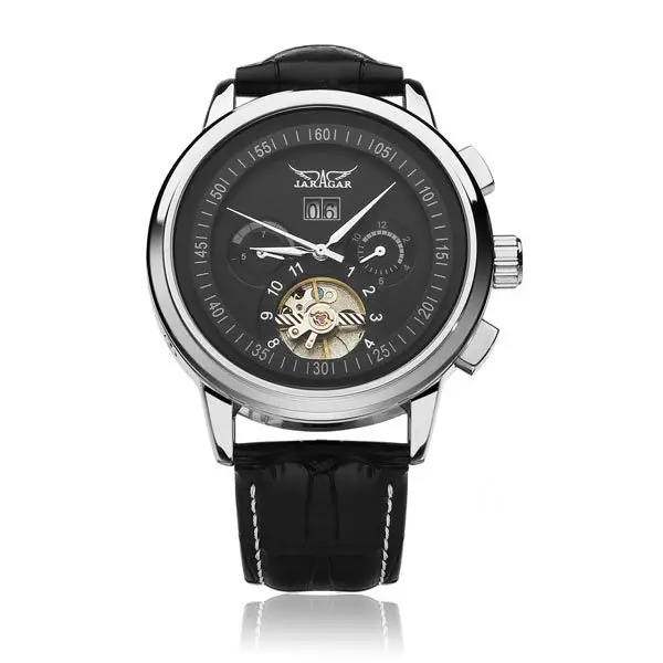 JARAGAR бренд автоматические механические Tourbillon маховик кожа часы Подарочная коробка Relogio relegs новинка - Цвет: Silver Case Black