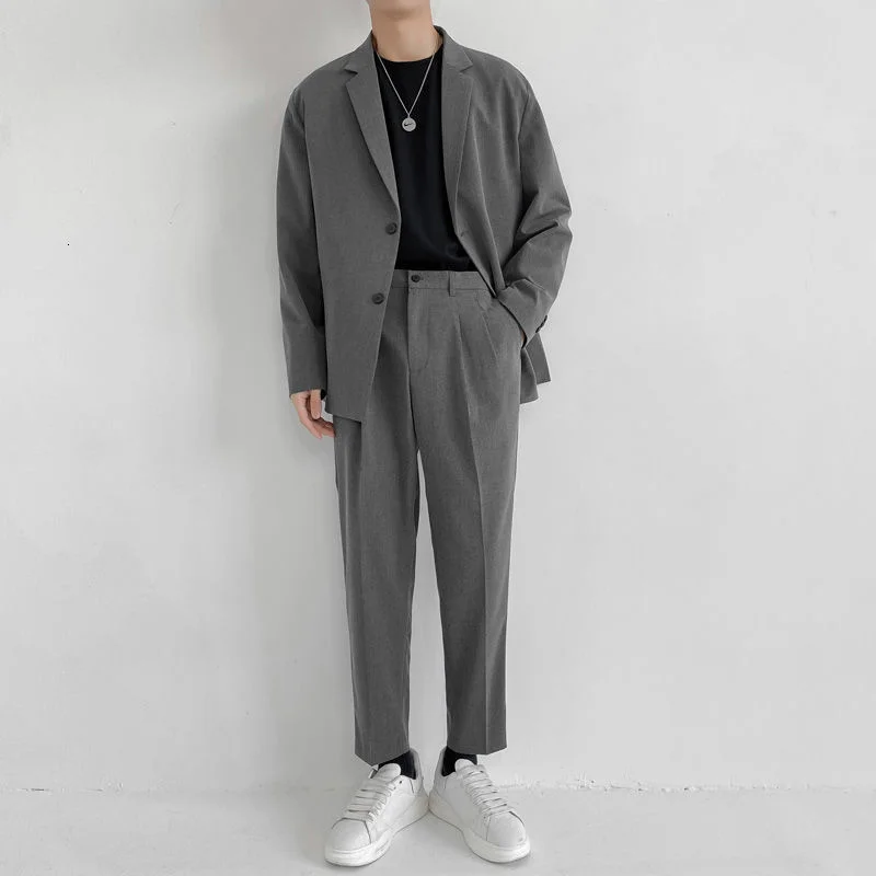 IEFB Men's Suit Two Pieces Set Simple Light Mature Loose Long Sleeve Suit Coat + Pants Green
