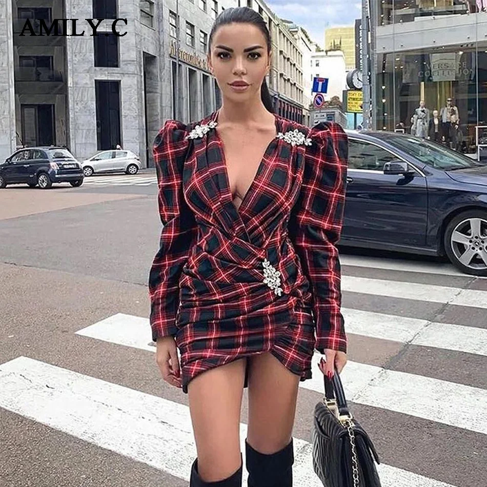 

Amily.c 2019 New Plaid Sexy Female Bar Long Sleeve Retro Mini Dress Celebrity Deep V-neck Empire Bodycon Party Dress Wholesale