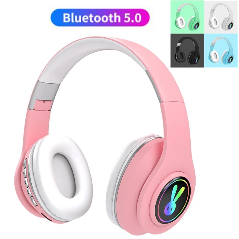 Складные светодиодные Детские Bluetooth наушники Rabbite с микрофоном милые