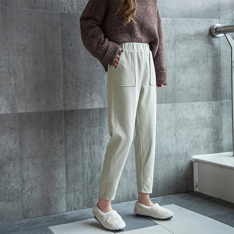 Autumn Winter Casual Straight pants female loose high Waist knitted wide leg pants Trousers Womens Harem Pants woolen solid - Цвет: 1