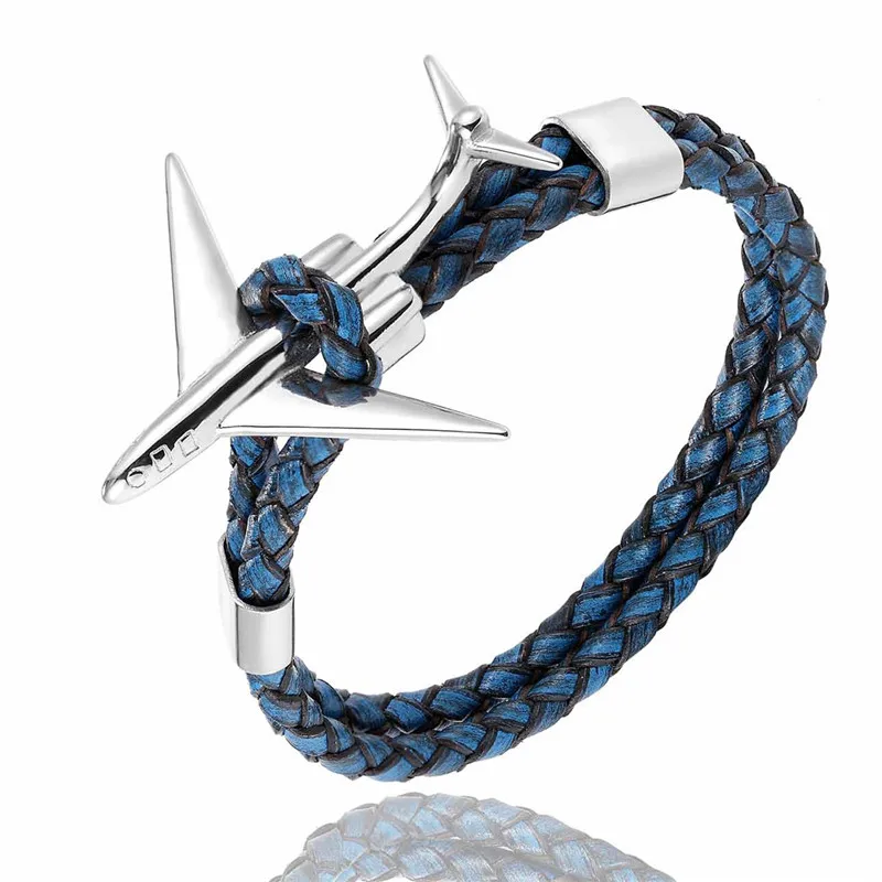 MKENDN, модный ретро кожаный браслет, нержавеющая сталь, самолет, якорь, браслеты для мужчин и женщин, Летний стиль, обёрточная бумага, металлический спортивный крючок - Metal Color: Silver Blue